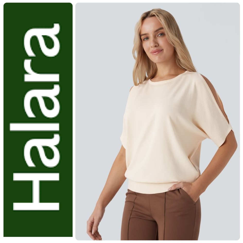 HALARA Cream Round Neck Cold Shoulder Short Sleeve Work Sweater